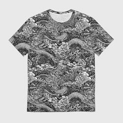 Мужская футболка Черно-белый фон с элементами японской татуировки