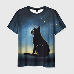 Футболка мужская Черный кот и звезды - акварель, цвет: 3D-принт