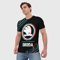 Футболка мужская Значок Skoda в стиле glitch на темном фоне, цвет: 3D-принт — фото 2