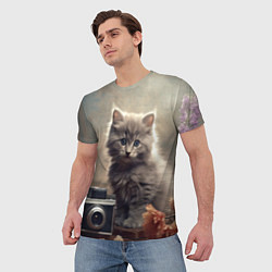 Футболка мужская Серый котенок, винтажное фото, цвет: 3D-принт — фото 2