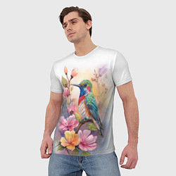 Футболка мужская Колибри и цветы - акварель, цвет: 3D-принт — фото 2