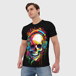 Футболка мужская Яркий череп в наушниках нарисованный красками, цвет: 3D-принт — фото 2