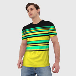 Футболка мужская Разноцветный черно желтый с зеленым полосатый узор, цвет: 3D-принт — фото 2