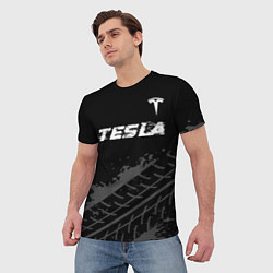Футболка мужская Tesla speed на темном фоне со следами шин посереди, цвет: 3D-принт — фото 2