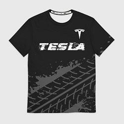 Футболка мужская Tesla speed на темном фоне со следами шин посереди, цвет: 3D-принт