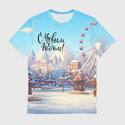 Футболка мужская С новым годом новогодний город, цвет: 3D-принт