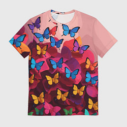 Мужская футболка Разноцветные бабочки - розовые цветы