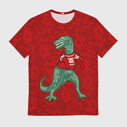 Футболка мужская Динозавр в свитере - новогодние драконы, цвет: 3D-принт