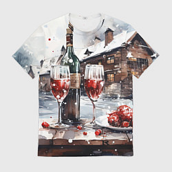 Футболка мужская Новогодние напитки на фоне зимнего пейзажа, цвет: 3D-принт