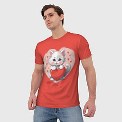 Футболка мужская Мультяшный котенок держит красное сердечко, цвет: 3D-принт — фото 2