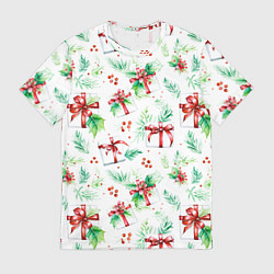 Футболка мужская Елочные ветки и подарки с красным бантом акварелью, цвет: 3D-принт