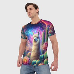 Футболка мужская Альпака в кактусах и портал, цвет: 3D-принт — фото 2