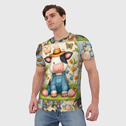 Футболка мужская Прикольный телёнок и его друзья - пэчворк, цвет: 3D-принт — фото 2