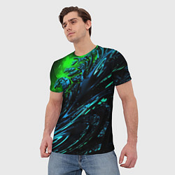 Футболка мужская Яркая зеленая краска на темной абстракции, цвет: 3D-принт — фото 2