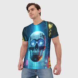 Футболка мужская Cyber skull - neon glow ai art, цвет: 3D-принт — фото 2