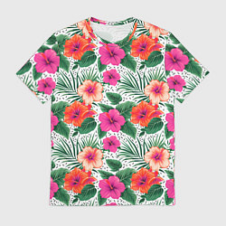 Футболка мужская Цветы гибискуса и листья мальмы летний тропический, цвет: 3D-принт
