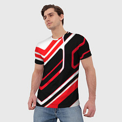 Футболка мужская Бело-красные линии на чёрном фоне, цвет: 3D-принт — фото 2
