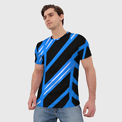Футболка мужская Black and white stripes on a blue background, цвет: 3D-принт — фото 2