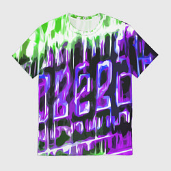 Футболка мужская Фиолетово-зелёная абстракция на чёрном фоне, цвет: 3D-принт