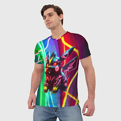 Футболка мужская Чёрный неоновый Пикачу - нейроарт, цвет: 3D-принт — фото 2