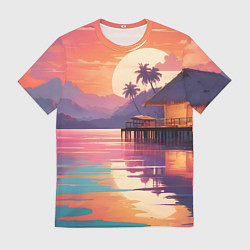 Мужская футболка Летний домик пальмы закат