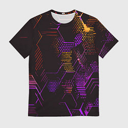 Футболка мужская Жёлто-фиолетовые точки и линии на чёрном фоне, цвет: 3D-принт