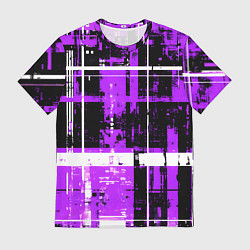 Мужская футболка Фиолетово-белый гранж на чёрном фоне