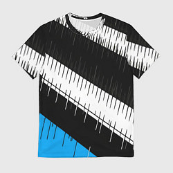 Футболка мужская Диагональные чёрно-белые полосы на синем фоне, цвет: 3D-принт