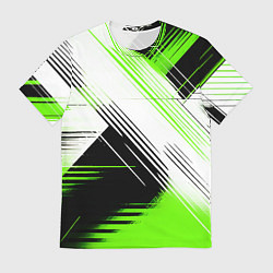 Футболка мужская Диагональные бело-зелёные линии на чёрном фоне, цвет: 3D-принт