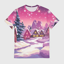 Мужская футболка Новогодние домики и фиолетовый закат
