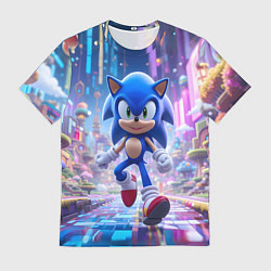Футболка мужская Sonic в неоновом городе, цвет: 3D-принт