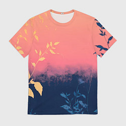 Мужская футболка Листья на сине-розовом фоне - нейросеть