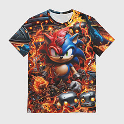 Мужская футболка Соник и Наклз на фоне огня и роботов