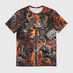 Мужская футболка Гладиатор и минотавр на фоне огня мечей и щитов