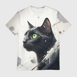 Футболка мужская Черная кошка с зелеными глазами, цвет: 3D-принт