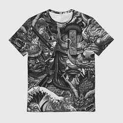 Мужская футболка Самурай и дракон в стиле татуировки ирезуми