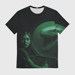 Футболка мужская На батискаф с девушкой нападает Тилозавр ужасы, цвет: 3D-принт