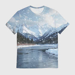 Футболка мужская Снежный горный пейзаж с елями и рекой, цвет: 3D-принт