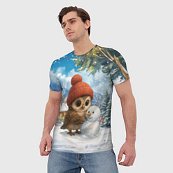 Футболка мужская Совушка в шапочке лепит снеговика, цвет: 3D-принт — фото 2