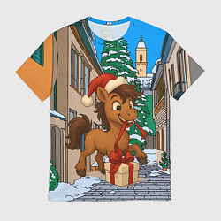 Футболка мужская Лошадка распаковывает новогодний подарок, цвет: 3D-принт