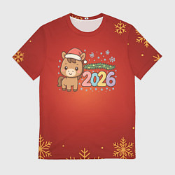 Футболка мужская Новогодняя лошадка 2026 на красном фоне, цвет: 3D-принт