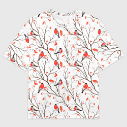 Мужская футболка оверсайз Снегири в зимнем лесу