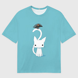 Мужская футболка оверсайз Белый котик и воробушек