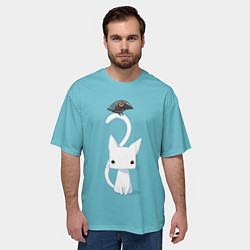 Футболка оверсайз мужская Белый котик и воробушек, цвет: 3D-принт — фото 2