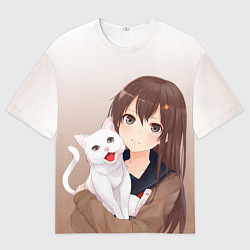 Футболка оверсайз мужская Девочка и белый кот аниме, цвет: 3D-принт