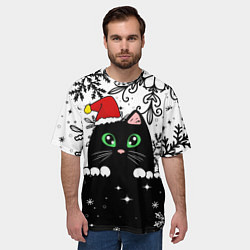 Футболка оверсайз мужская Новогодний кот в колпаке Санты, цвет: 3D-принт — фото 2