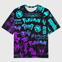 Футболка оверсайз мужская ANIME LOGOBOMBING NEON НЕОН ЛОГО АНИМЕ, цвет: 3D-принт