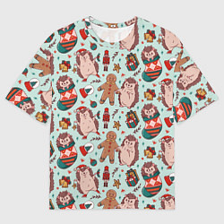 Мужская футболка оверсайз Новогодний ёжик и щелкунчик