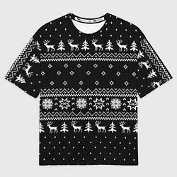 Мужская футболка оверсайз ЧЁРНЫЙ НОВОГОДНИЙ СВИТЕР С ОЛЕНЯМИ 2022
