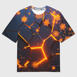 Футболка оверсайз мужская НОВОГОДНИЕ ОГНЕННЫЕ 3D ПЛИТЫ FIRE NEON HEXAGON, цвет: 3D-принт